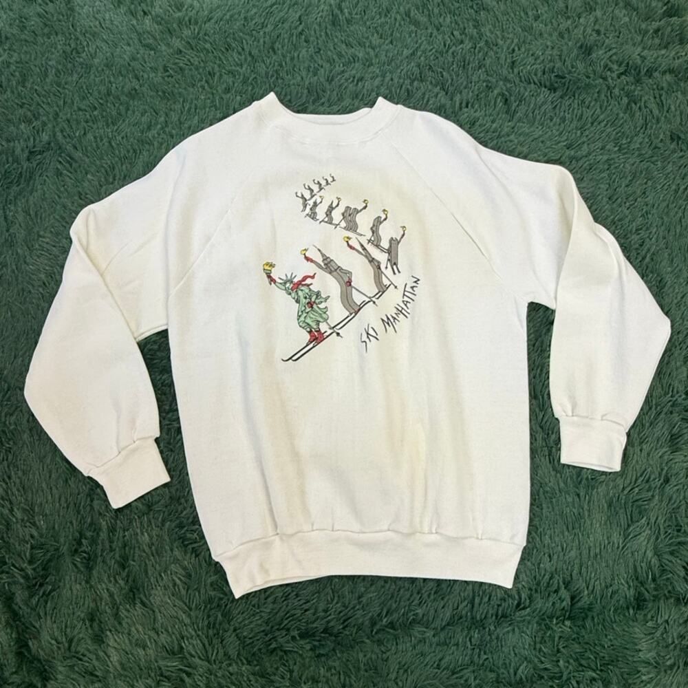 White Ski Manhattan New York White Sweatshirt Sz Medium Unisex 80s 90s